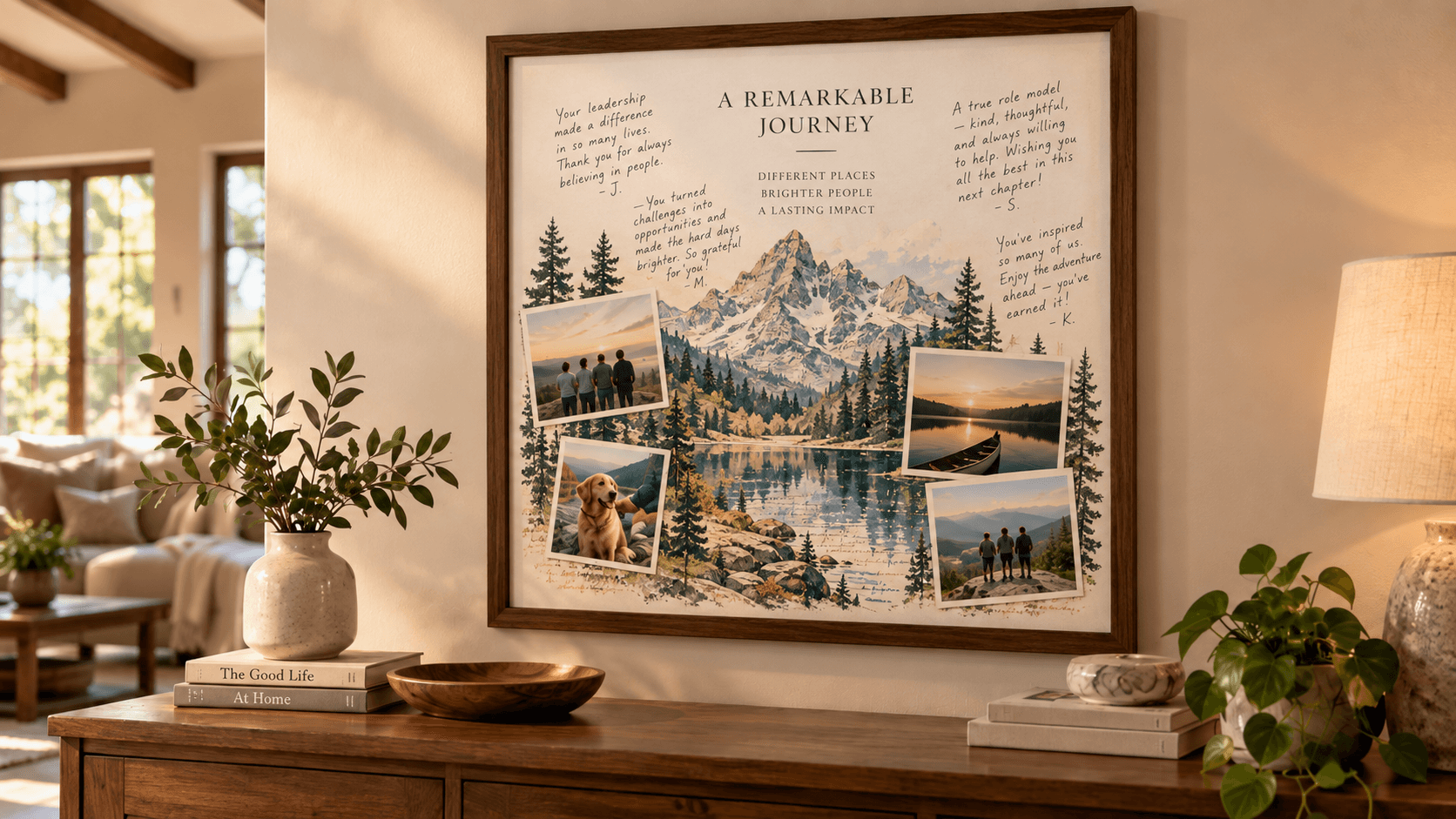 A framed Retirement Saidscape filled with handwritten memories and photos