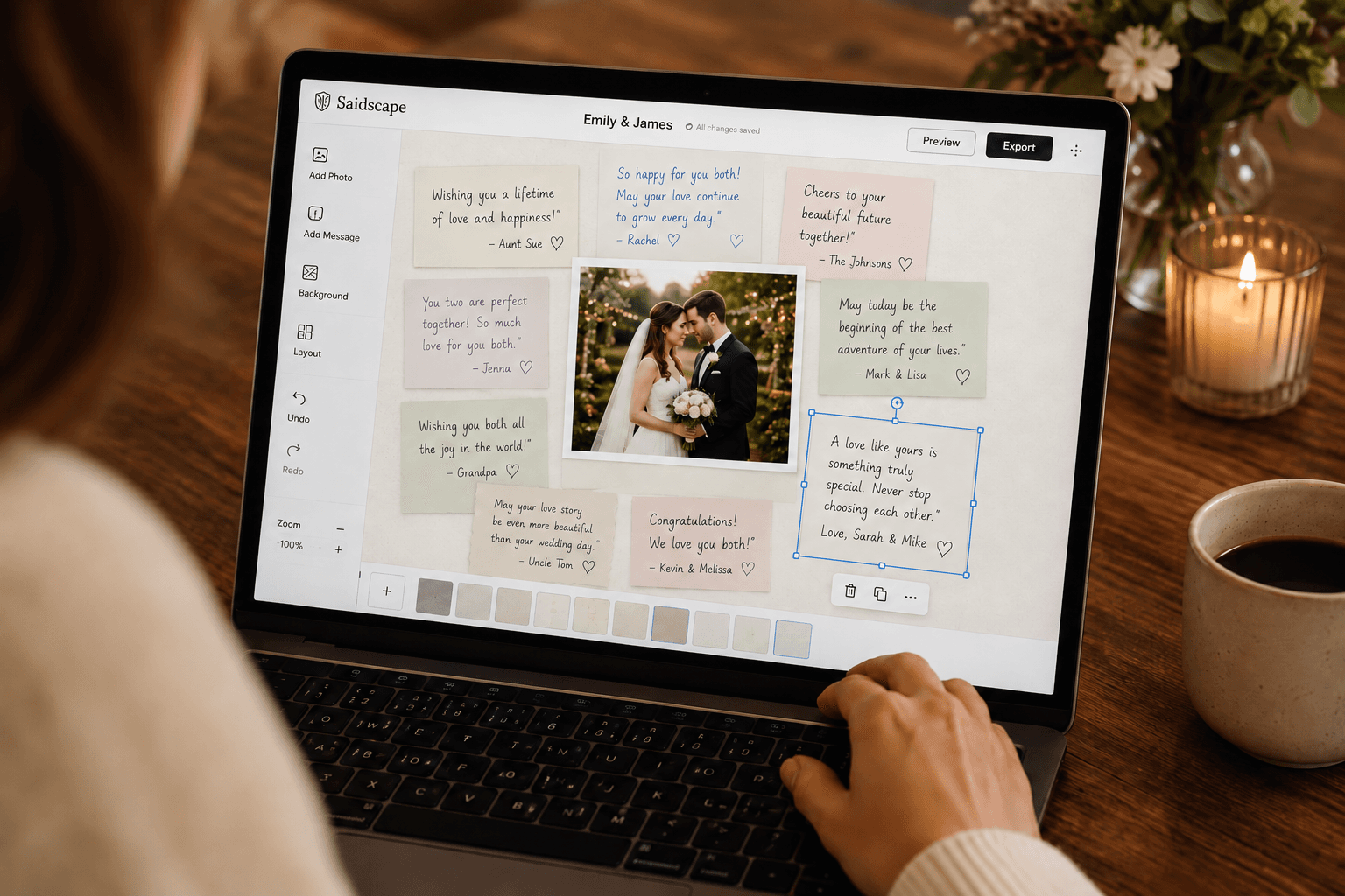 A couple arranging individual handwritten messages and photos on a laptop